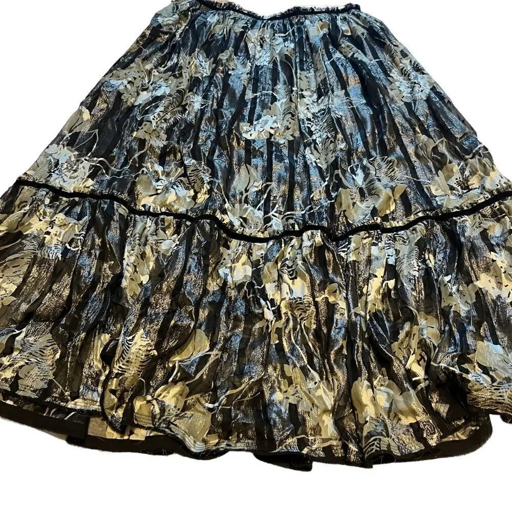 Charles Nolan Long Skirt Size 10 Black, green, silver floral pattern, shiny